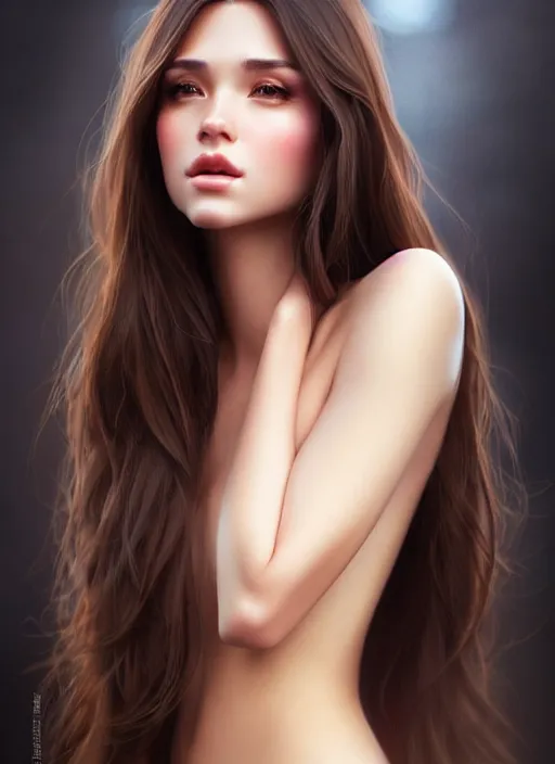 Image similar to a gorgeous female with long brown hair in the style of stefan kostic, intimate, realistic, full body shot, wide angle, sharp focus, 8 k high definition, insanely detailed, intricate, elegant, art by stanley lau and artgerm, floating embers