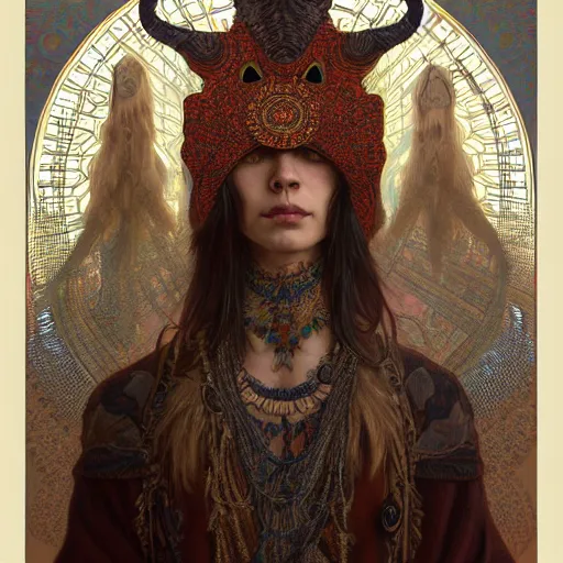 Image similar to a portrait of a lizard shaman, upper half portrait, decorated with russian motifs, russian shaman, siberia, traditional russia, intricate, elegant, highly detailed, symmetry, headpiece, digital painting, artstation concept art smooth sharp focus, illustration, art by artgerm and greg rutkowski alphonse mucha 8 k