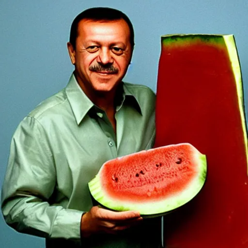 Prompt: recep tayyip erdogan smiling holding watermelon for a 1 9 9 0 s sitcom tv show, studio photograph, portrait