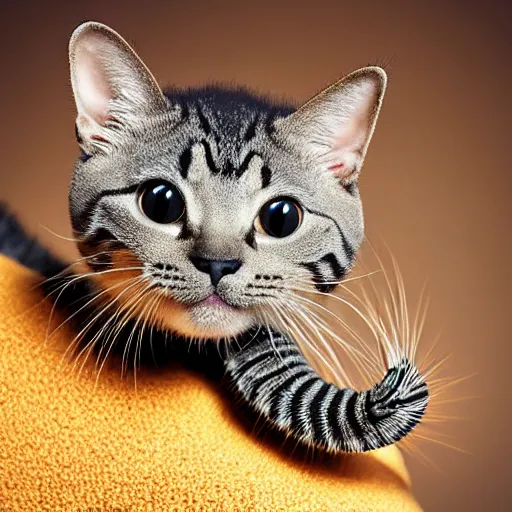 Prompt: a caterpillar - cat - hybrid, animal photography