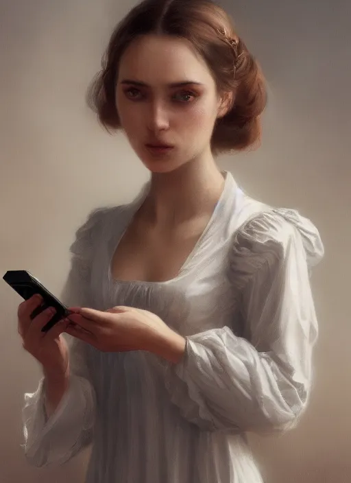 Prompt: upper body portrait of a beautiful maiden in a victorian nightgown holding a futuristic tablet, award winning, masterpiece digital painting by greg rutkowski, alex grey, artstation, 4 k wallpaper,