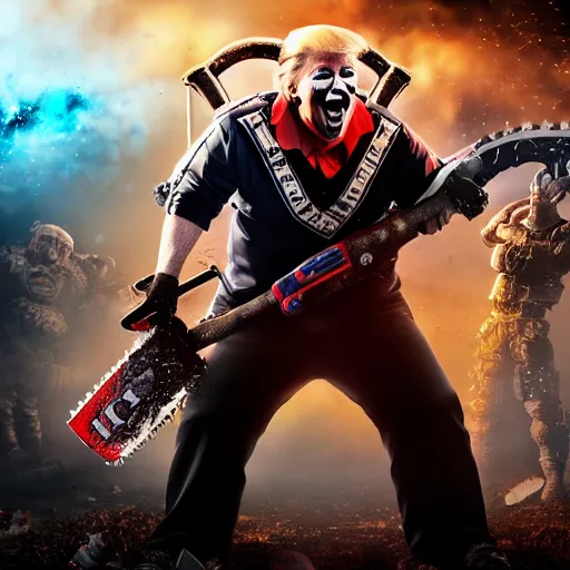 Image similar to portrait of donald trump as a clown, laughing and holding a chainsaw in gears of war, splash art, movie still, cinematic lighting, ray tracing, octane render, long lens, shallow depth of field, bokeh, anamorphic lens flare, 8 k, hyper detailed, 3 5 mm film grain