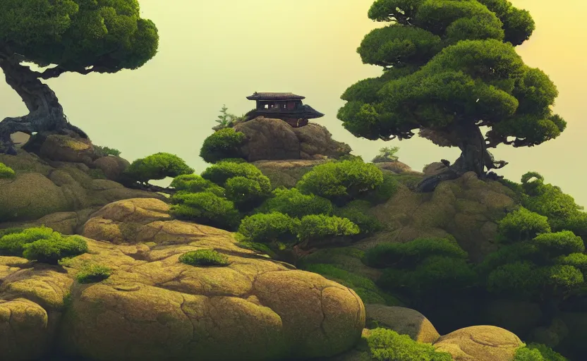 Prompt: bonsai tree in the rocky hills, Low level, rendered by Beeple, Makoto Shinkai, syd meade, simon stålenhag, synthwave style, digital art, unreal engine, WLOP, trending on artstation, 4K UHD image, octane render,