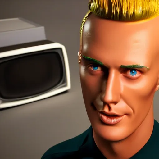 Image similar to a hyperrealistic 3 d render of max headroom on a vintage tv, octane render, unreal engine, 8 k, trending on cgsociety, volumetric lighting, dramatic lighting, lasers, neon