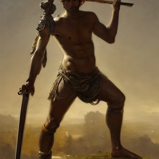 Prompt: artstation concept of a Young man with a bare upper body holding a sword in both hand, brown skin, face, silver garment, shiny colorful, hyperdetailed, artstation trending, world renowned artists, worth1000.com, historic artworks society, antique renewel, cgsociety, by greg rutkowski, by Gustave Dore, Deviantart