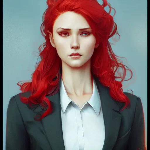 Prompt: a girl wearing a business suit, red hair, cinematic, stunning, highly detailed, digital painting, artstation, smooth, hard focus, illustration, art by artgerm and greg rutkowski and alphonse mucha