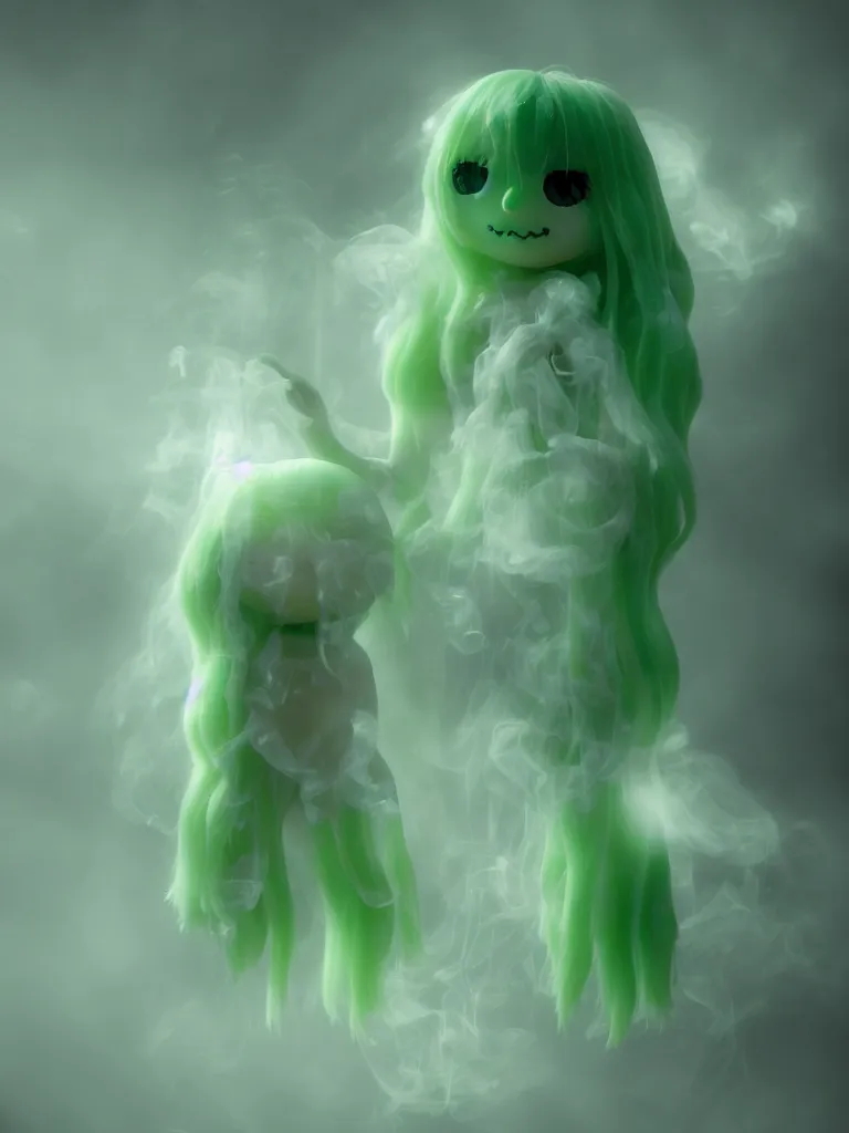 Image similar to cute fumo plush smiling ectoplasmic gothic macabre green jellyfish ghost girl, glowing milky wisps of hazy smoke and volumetric fog, lens flare, vignette, bokeh, refraction, vray