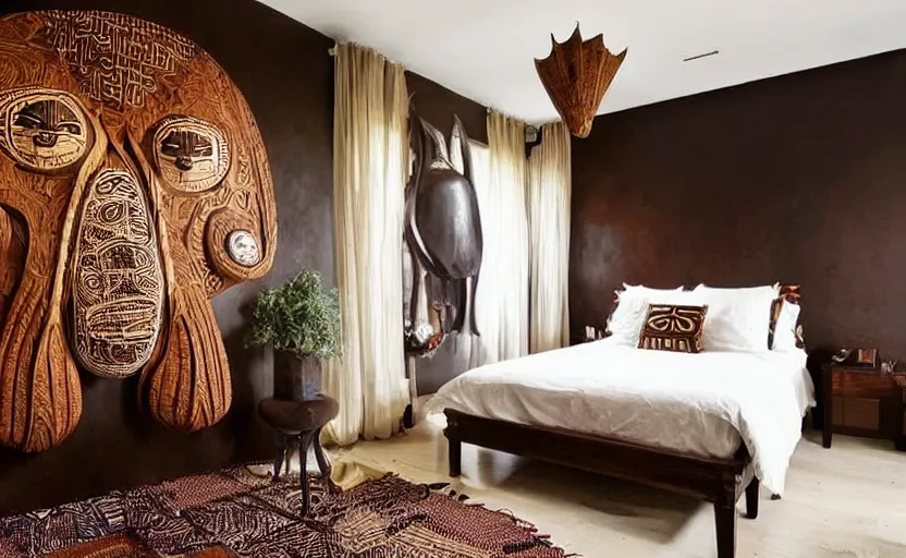 Image similar to an african themed luxurious bedroom, dark brown walls, wooden tribal masks on the wall, king size bed, beige, dark colors, artificial waterfall on the wall, chique, luxurious, elegant, walnut wood, cinnamon, tribal art, patterns, modernist, oriental