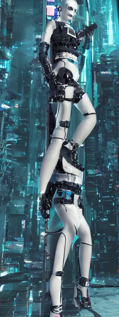 Image similar to a full body portrait of a cyberpunk model in futuristic clothing | photorealistic | rendered in high octane