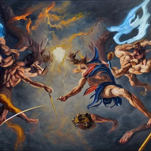 Prompt: a hyper realistic painting of every god having an all out duel, it is the end of all time and no one will survive