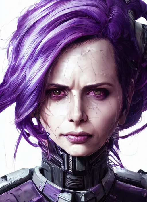 Prompt: close up portrait of a pale eliza dushku in sci - fi power armor with purple hair, powerful, domineering, stoic, masterful, intense, ultrafine hyperdetailed illustration by kim jung gi, irakli nadar, intricate linework, sharp focus, octopath traveler, yoji shinkawa, highly rendered, detailed, concept art