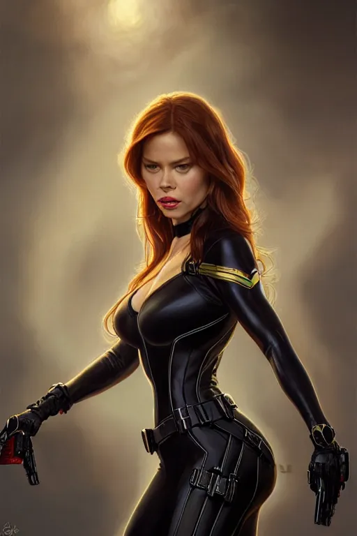 Image similar to sofia vergara as black widow, realistic portrait, symmetrical, highly detailed, digital painting, artstation, concept art, smooth, sharp focus, illustration, cinematic lighting, some reflexions, natural autumn sunlights, art by artgerm and greg rutkowski and alphonse mucha