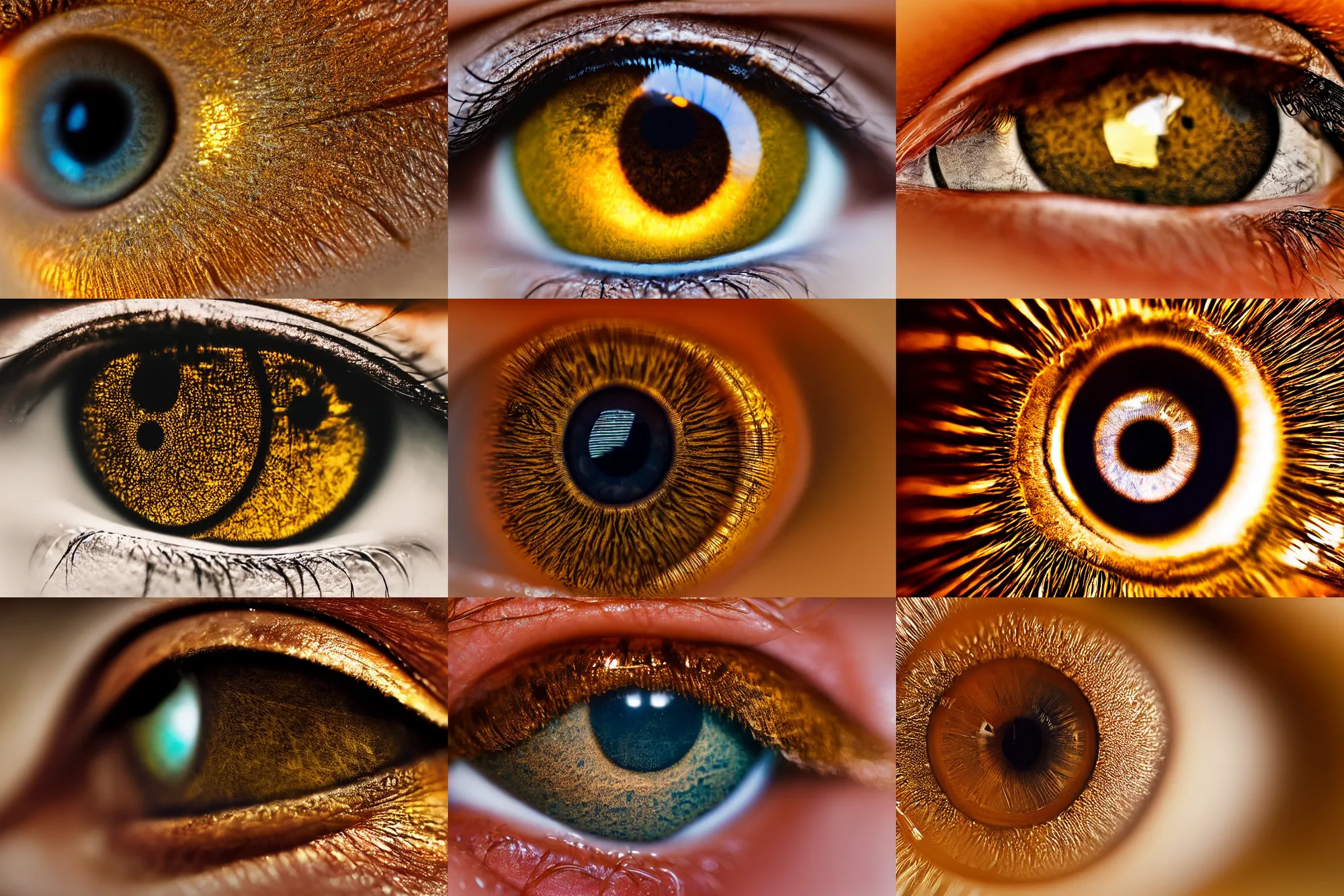 Prompt: hyperdetailed macro photo of an eye, golden hour