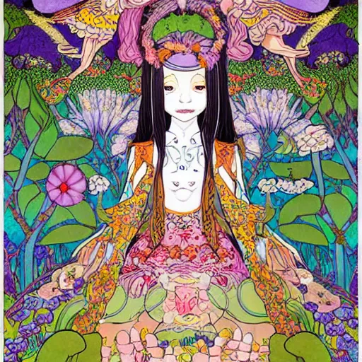 Image similar to a young NeoPagan Goddess of Spring, inside her temple, in a blended style by Junko Mizuno, Henry Darger, and Peter Chung, hyper detailed, colorful digital art, extremely fine inking lines