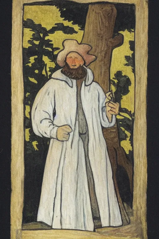 Prompt: a painting of a man in a white outfit, a character portrait by jean fouquet, reddit, synthetism, woodcut, grotesque, tarot card