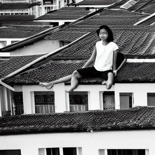 Image similar to photo of two singaporean students on the roof of a hdb flat, black and white, award winning, composition