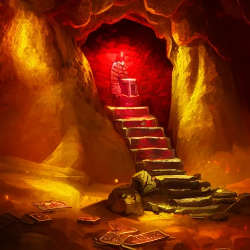 Image similar to a red ruby throne atop a mountain of gold coins and treasure, glowing in a dark cavern, concept art, fantasy, realistic, 8k, moody, atmospheric, artstation award