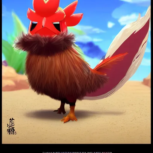 Image similar to A pokemon that looks like a coconut, which splits in half into wings,The rooster hides inside and sticks his head out to peek，Trending on art station. Unreal engine.