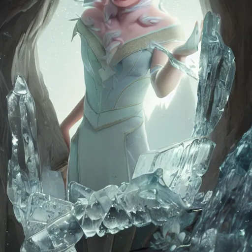 Image similar to a fantasy elf woman trapped and frozen trying to get out of a block of clear ice, with frozen flowers around her, treding artstation, greg rutkowski, cinema 4 d, cinematographic, greg rutkowski