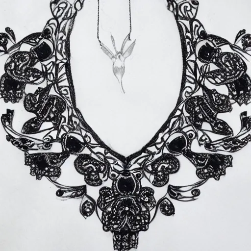 Image similar to black and white opulent necklace neckline feminine tattoo sketch with jewels and birds on paper