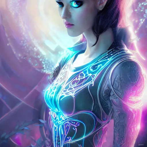 Image similar to A still of an ethereal, mysterious stunning maximalist mesmerizing elven girl from the rainbow sky paradise in Tron: Legacy (2010), high-tech, Victorian gothic lolita fashion, highly detailed, very beautiful painting by artgerm and WLOP, medium shot, cinematic lighting, concept art, artstation, D&D RPG portrait