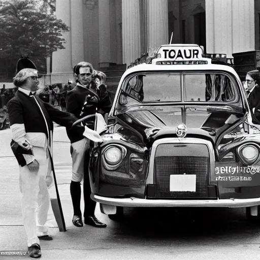 Prompt: george washington opening a taxi car in 1 9 9 0, real life photo, dslr