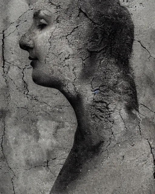 Prompt: a woman's face in profile, made of cracked concrete, in the style of the Dutch masters and Gregory Crewdson, dark and moody