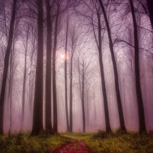 Prompt: a beautiful forest at dusk, fog, fantasy, starry night sky