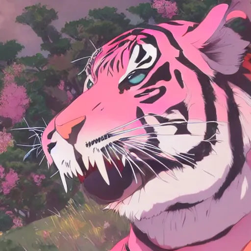 Image similar to a tiger wearing a pink dress, illustration concept art anime key visual trending pixiv fanbox by wlop and greg rutkowski and makoto shinkai and studio ghibli and kyoto animation symmetrical facial features