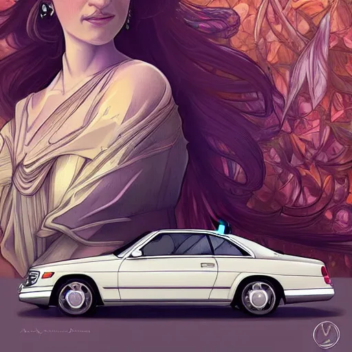 Image similar to Princess Diana standing next to a Mercedes-Benz W140, highly detailed, digital painting, artstation, concept art, smooth, sharp focus, illustration, art by artgerm and alphonse mucha, high definition digital art, in the style of Ross tran and ilya kuvshinov