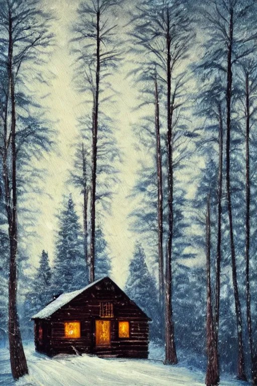 Image similar to snowy forest night scene in a single wooden cabin surrounded by the woods with one illuminated window, horror dark contrast, oil painting