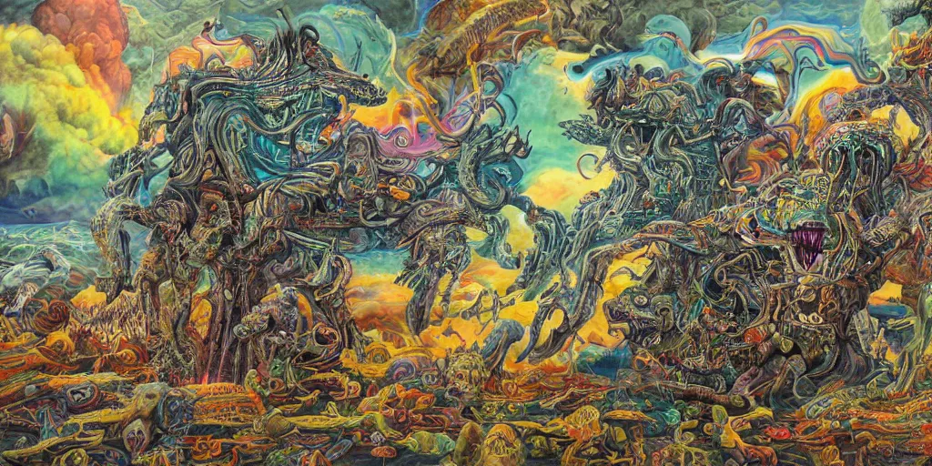 Image similar to a high hyperdetailed painting of the war between the monsters of reason vs the monsters of imagination, the merging of determined and undetermined worlds horror and spiritual fantasy creatures, as dichotomies are broken in search of elevation psychedelic surreal magical dystopian technological utopian psycho spiritual art, anarchist art chaotic fulcolor