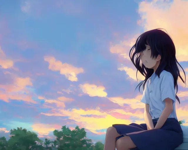 Prompt: teen looking at the sunset, wearing white collared shirt, back turned, looking up, illustration, by pine ( ハイネ ) and 薯 子 imoko and 香 川 悠 作 and wlop and maya takamura, highly detailed, trending artstation, pixiv, digital art