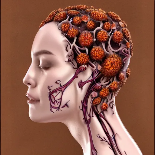 Image similar to face portrait of a beautiful woman, 150 mm, anatomical, flesh, flowers, mandelbrot fractal, veins, arteries, symmetric, intricate, golden ratio, full frame, microscopic, elegant, highly detailed, ornate, ornament, elegant , luxury, beautifully lit, ray trace, octane render in the style of peter Gric , alex grey and Romero Ressendi