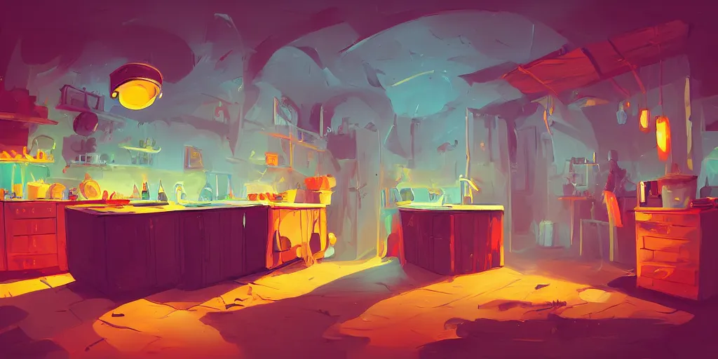 Prompt: epic illustration fisheye lens of a kitchen dim lit by 1 candle in a scenic environment by Anton Fadeev