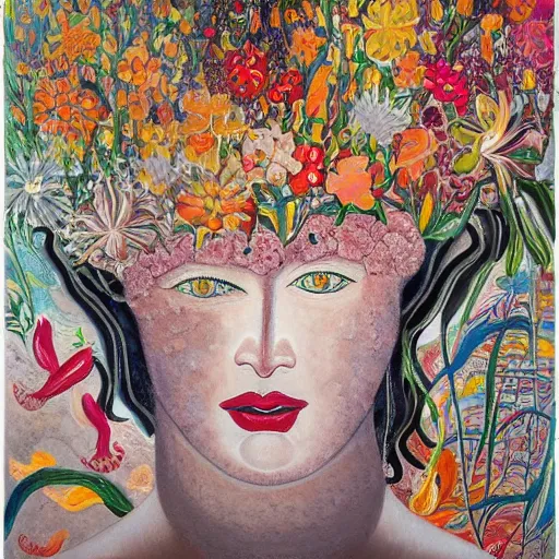 Image similar to This painting is a large canvas, covered in a wash of color. In the center is a cluster of flowers, their petals curling and twisting in on themselves. The effect is ethereal and dreamlike, and the overall effect is one of serenity and peace. pietra dura inlay by Francis Picabia, by David Yarrow organic