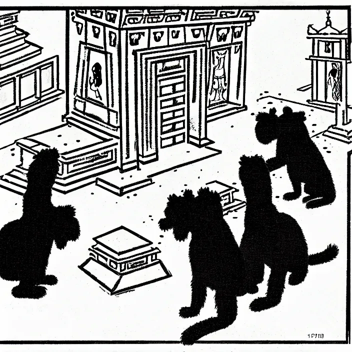 Image similar to a still frame from comic strip, two black furry hairy dogs melting in an ancient temple 1 9 5 0, herluf bidstrup, new yorker illustration, monochrome bw, lineart, manga, tadanori yokoo, simplified,