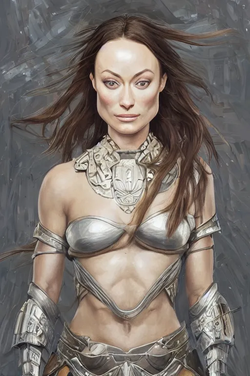 Prompt: a professionally painted portrait of Olivia Wilde, clothed in ancient battle armor, olive skin, long dark hair, beautiful bone structure, symmetrical facial features, stunningly beautiful, intricate, elegant, digital painting, trending on Artstation, concept art, smooth, sharp focus, illustration, from Metal Gear by Ruan Jia and Mandy Jurgens and Artgerm and William-Adolphe Bouguerea, award winning