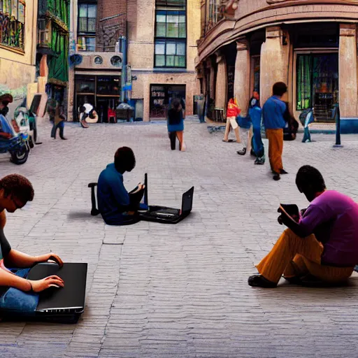 Image similar to a group of realistic bums using laptops near on street, highly detailed, intricate, sharp focus, digital art, 8 k