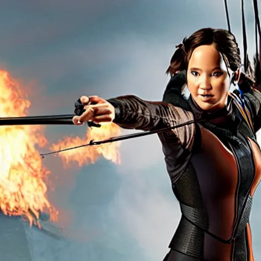 Image similar to Katniss action pose, view from behind looking over shoulder, quiver on back, firing an arrow, comic book cover style