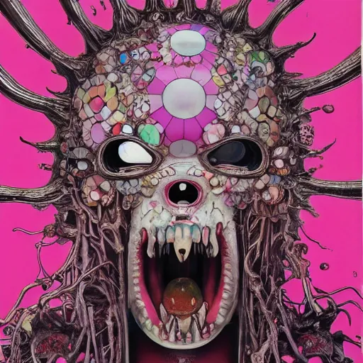 Image similar to pink scream by takashi murakami and h.r. giger, full body, oil on canvas, intricately detailed artwork, full 8k high quality resolution, recently just found unknown masterpiece