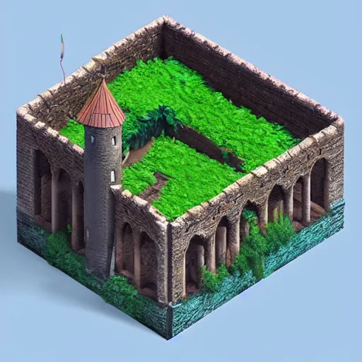 Image similar to medieval castle in a jungle, 3 d, isometric, courtyard, very low poly