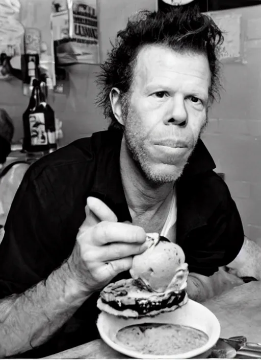 Prompt: Tom Waits eating ice cream pizza , photograph