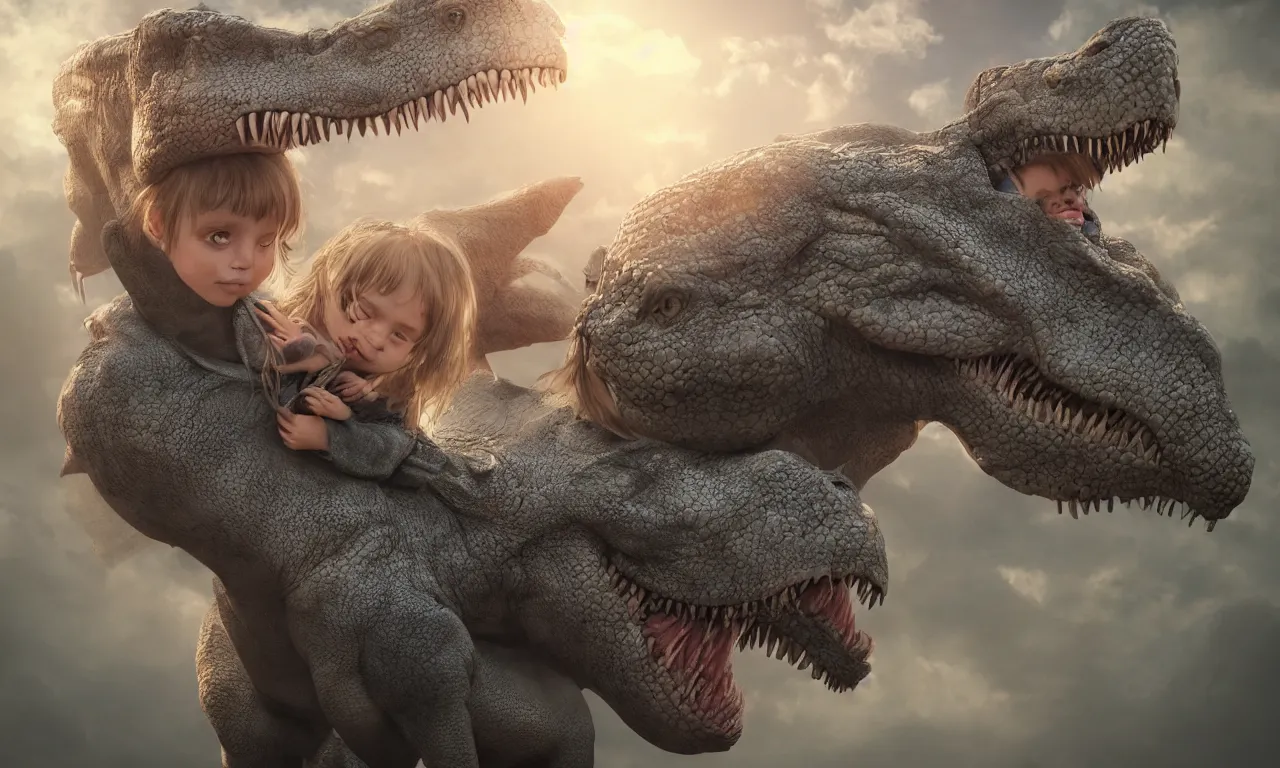 Image similar to portrait of a little girl cuddling with her beloved tyrannosaurus, very high detail, raytracing, back light, raymarching, by ilm, by digital domain, by weta digital