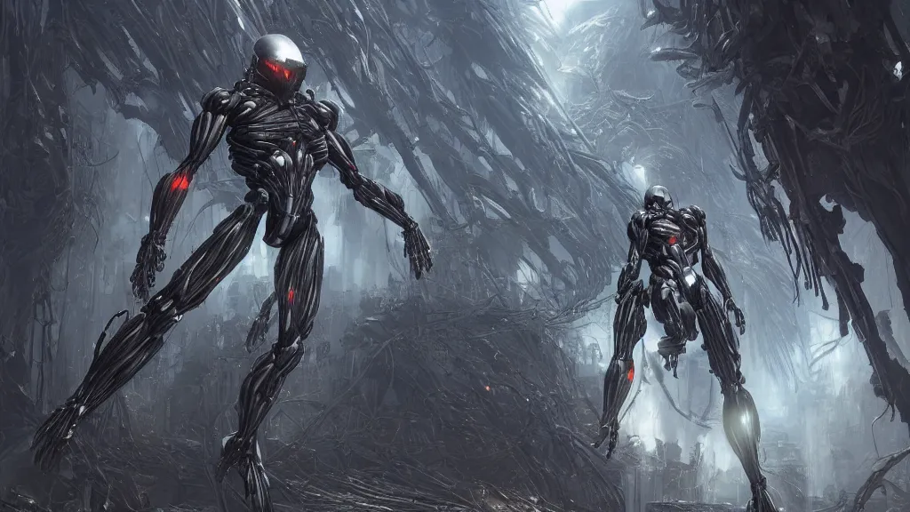 Image similar to crysis nanosuit with powerful biological muscle augmentation, megastructures, remnants of the human civilization at dusk, painted by tsutomu nihei, painted by artgerm and greg rutkowski