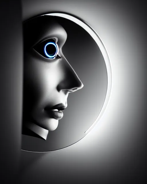 Image similar to black and white high quality photo of a female AI-cyborg-doll looking into a sci-fi mirror, volumetric lighting, hyperdetailed, photorealistic, cinematic, masterpiece, elegant, dark, in the style of Man Ray, octane render, 8K,