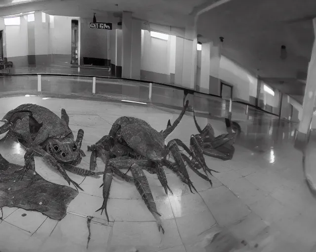 Prompt: camera footage of a Rabid Zerglings in an abandoned shopping mall, high exposure, dark, monochrome, camera, Unreal engine 5, grainy, CCTV, security camera footage, timestamp, zoomed in, fish-eye lens, Evil, Zerg, Brood, spider, horrifying, lunging at camera :4