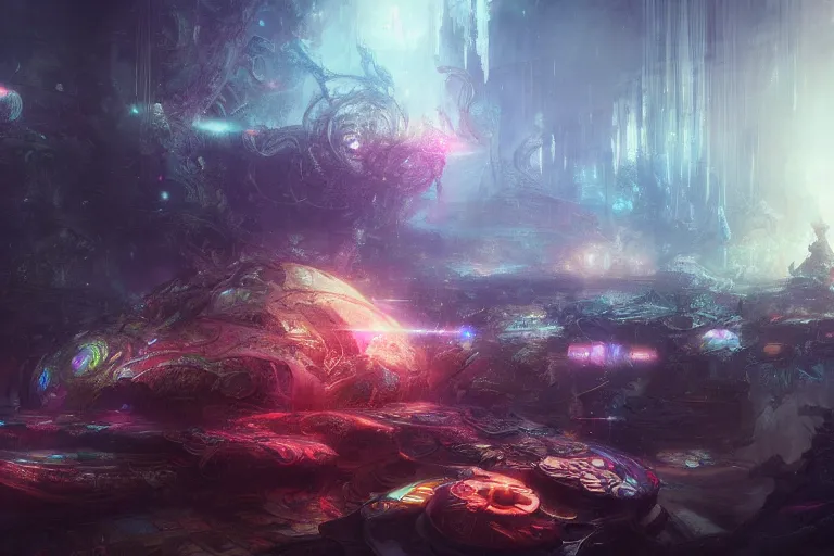 Image similar to a psychedelic realm at the edge of existence where intensely creative astral beings live, in the style of wlop and ruan jia, illustration, epic, fantasy, hyper detailed, smooth, unreal engine, sharp focus, ray tracing