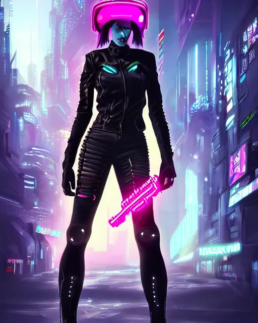 Prompt: concept art of a cyber punk girl wearing a black leather jacket with neon spikes, wearing a futuristic biker helmet, holding a futurstic cyberpunk weapon, standing in a busy cyberpunk city center | | epic - fine - trending on artstation, brush strokes