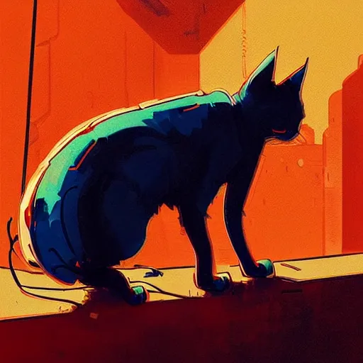 Image similar to cyberpunk orange cat by atey ghailan, by greg rutkowski, by greg tocchini, by james gilleard, by joe fenton, by kaethe butcher, dynamic lighting, gradient red blue, brown, blonde cream and white color scheme, grunge aesthetic